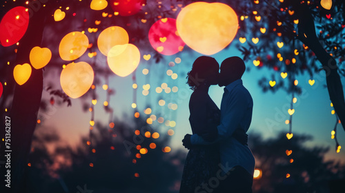 American African couple kissing on background of bokeh of hearts. Romantic night. Love engagement concept. Generative AI