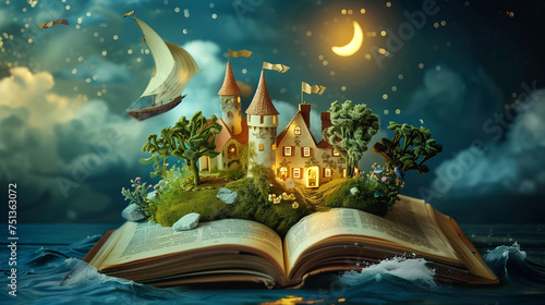 Fantasy Adventure Emerges from Storybook Pages in a Nighttime Scene