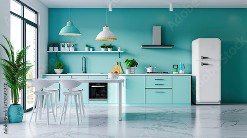 Modern kitchen design mint color kitchen design, cyan, turquoise.