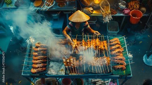 A street food vendor wearing a conical hat grills an array of se