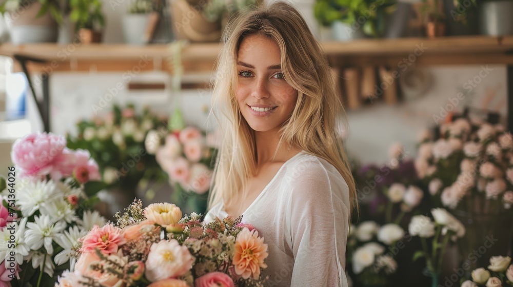 a female florist at work - pretty blonde young woman making flower bouquets