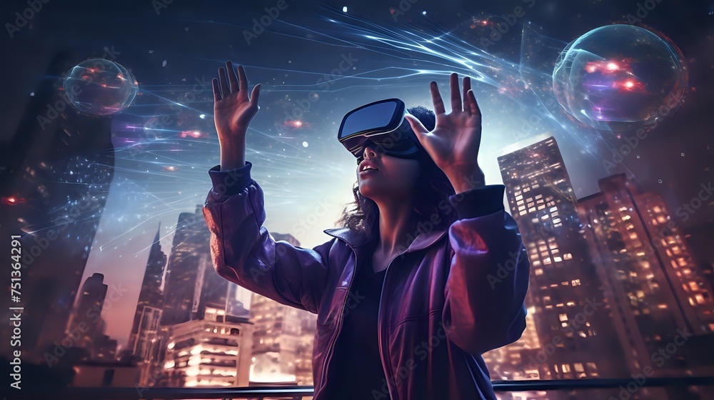 Obraz premium A young woman wearing a virtual reality headset stands in a city