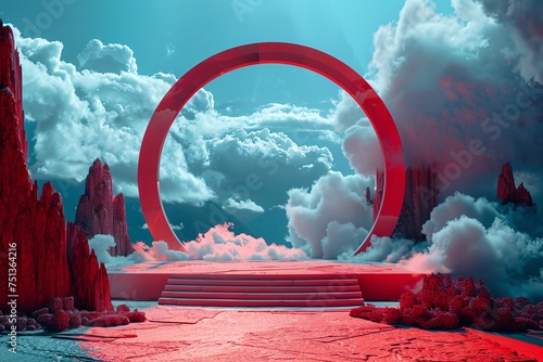 a red circular object with clouds and blue sky