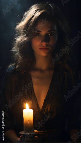A striking portrait of a brave woman, her face bathed in the soft light of a candle, Brave Women Face Close-up shot, isolated on a dark background