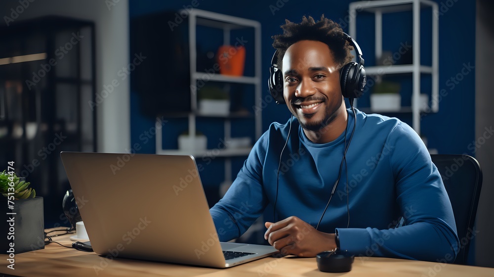 Naklejka premium Smiling young African American man wearing headphones
