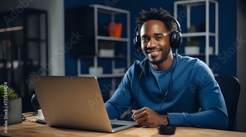 Smiling young African American man wearing headphones photo