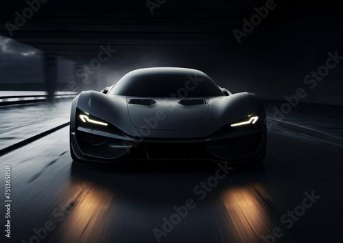 Sleek Black Concept Sports Car Speeding in Tunnel © provectors