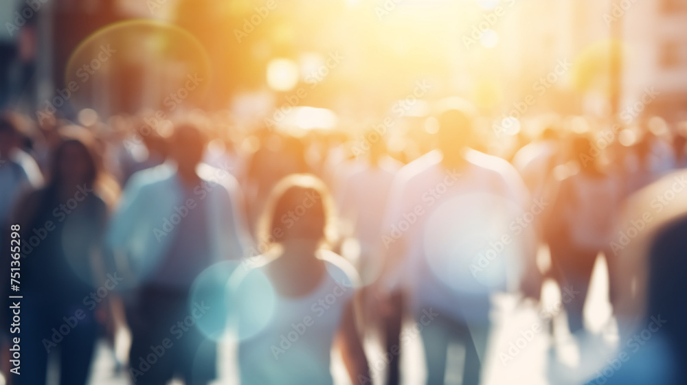 crowd of people on a sunny summer street blurred abstract background in out-of-focus, sun glare image light crowd of people on a sunny summer street blurred abstract background in out-of-focus, sun glare image light