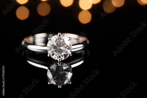 jewelry diamond ring on black background with reflection and bokeh Perfect for jewelry store advertisements or engagement-related content with Copy Space.