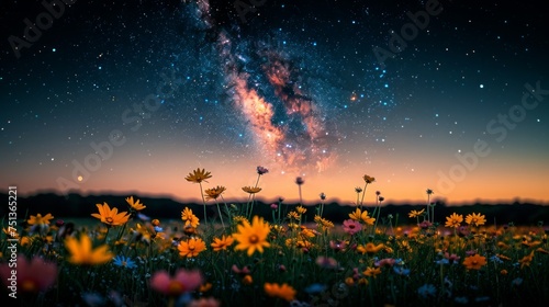 Field of Flowers Blooming Under Night Sky