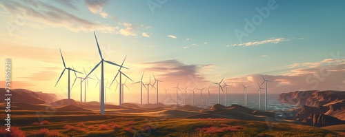 Wind farm landscape against sunset sky. Wind energy. Wind power. Sustainable and renewable energy. Wind turbines generate electricity. Green technology. Renewable resources. photo