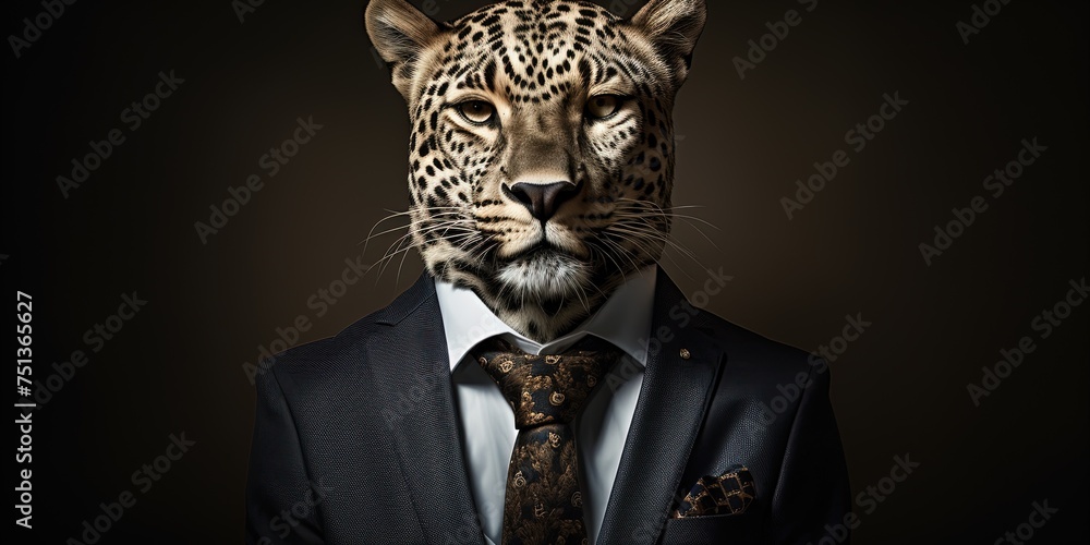 A proud leopard stands tall wearing a crisp suit and tie, its neck adorned with a striking collar, radiating power and elegance - obrazy, fototapety, plakaty 