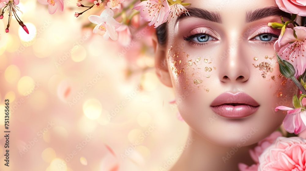 Radiant Beauty Woman With Floral Accents and Glistening Bokeh