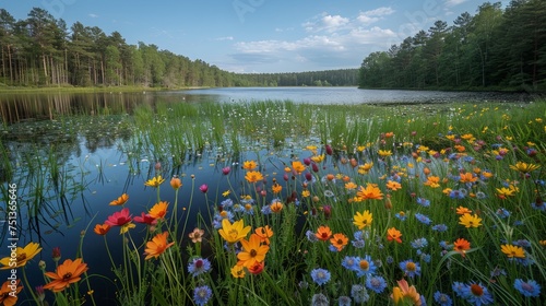 Colorful Flowers Surrounding Lake © yganko