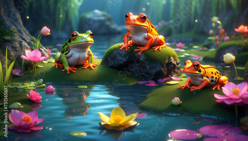 Colorful frogs at a small pond photo