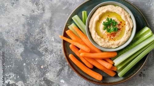 carrots and celery sticks with creamy hummus, arranged beautifully on a plate with plenty of empty space for text, enticing viewers with a healthy snack option bursting with flavor and protein.