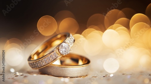 Wedding rings on bokeh background with copy space. marriage concept with copy space.