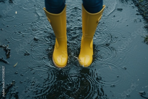 Frau mit gelben Gummistiefeln bei Regen in einer Pfütze 