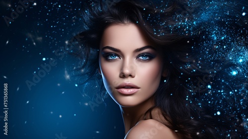 Stunning Woman With Ethereal Glow Against Dark Blue Backdrop