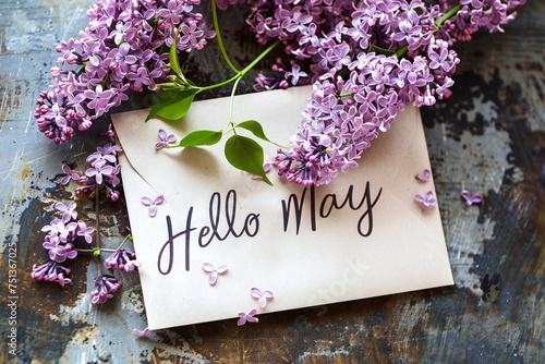 Hello May hand lettering card. Spring lilac flowers in envelope. banner