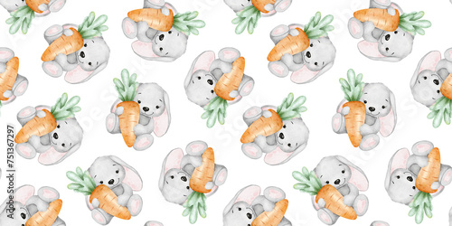 Cute bunny is holding fresh carrots with leaves. Hare hugs huge carrot. Isolated watercolor seamless pattern. Print for children s goods  Easter cards  baby s textiles and scrapbooking.
