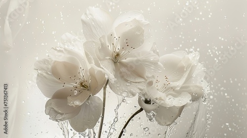 snow-white flowers adorned with delicate water splatters against a wallpaper backdrop, creating a serene and tranquil scene that evokes a sense of peace and serenity.