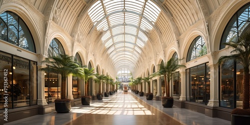 The grand arcade of this symmetrical building, with its vaulted ceilings and arched windows, resembles a cathedral or church, exuding an air of majesty and serenity within its indoor photo