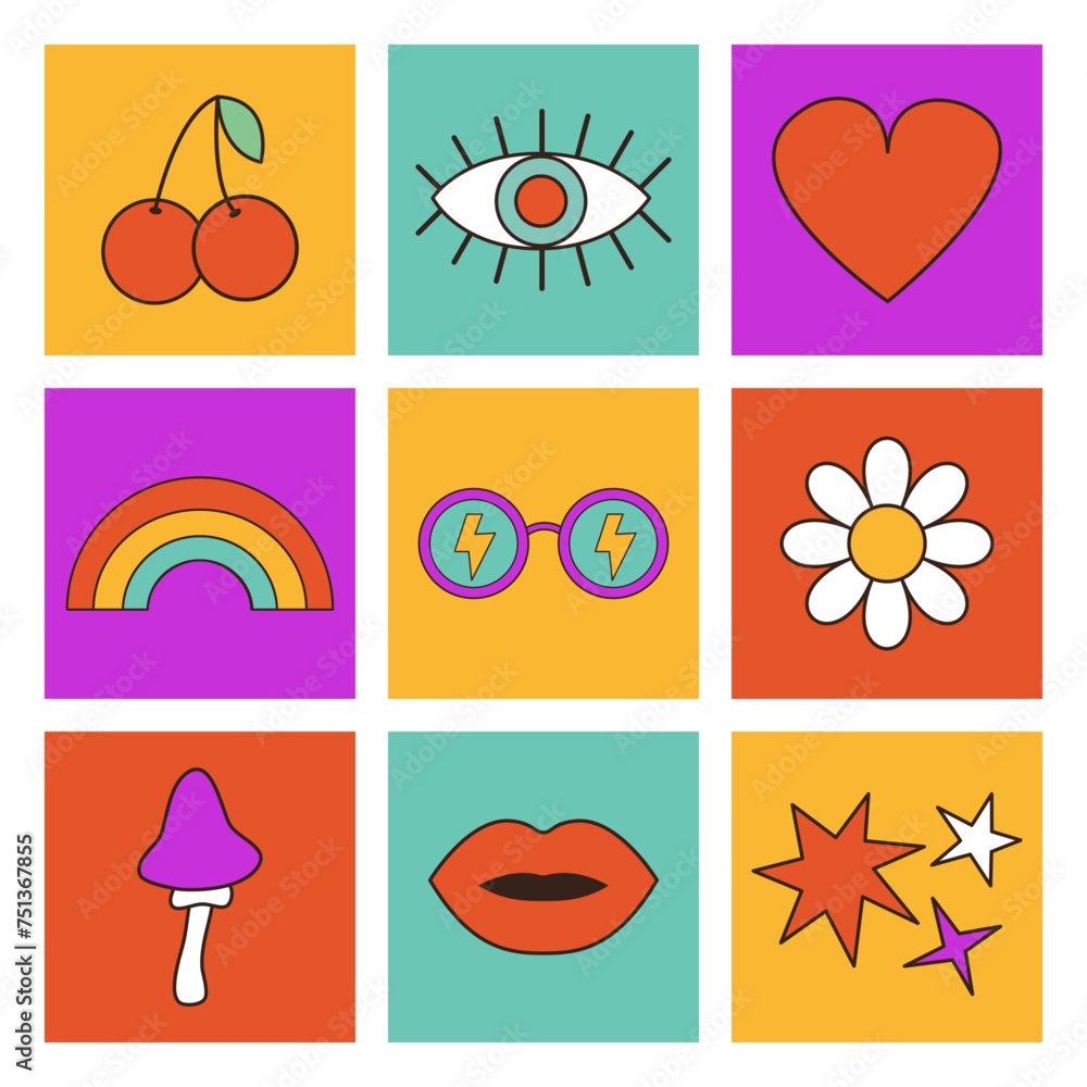 Groovy retro icon set in 60s, 70s hippie style. Funny cartoon daisy flower, rainbow, sunglasses, mushroom, heart, star, cherry, lips, eye. Poster, card. Trendy psychedelic colorful background.