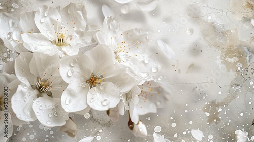 snow-white flowers adorned with delicate water splatters against a wallpaper backdrop, creating a serene and tranquil scene that evokes a sense of peace and serenity. © lililia