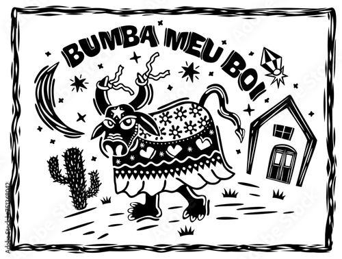 Bumba meu boi. Traditional folk dance from north-eastern Brazil. Cordel woodcut illustration.