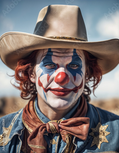Portrait of a rodeo clown wearing a cowboy hat and face paint.