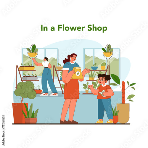 Flower shop discovery. Flat vector illustration