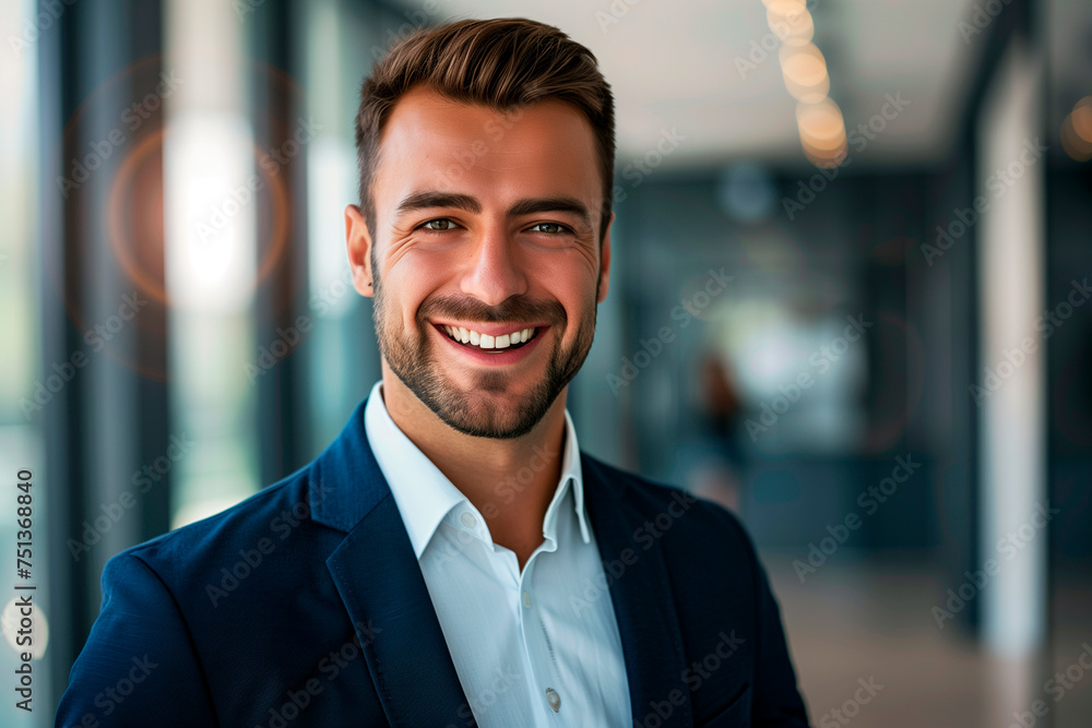 Attractive german business man smiling in suit jacket with leader attitude. business success concept 