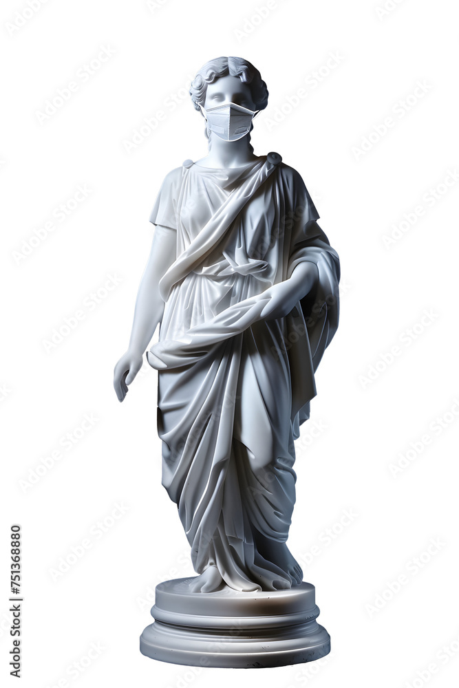 Greek goddess Athena Statue with medical mask against transparent background
