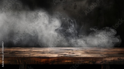 On a black background, an empty wooden table with smoke floats up. Empty space for displaying your products, with a smoke float up on a dark background. Space available for displaying your products.