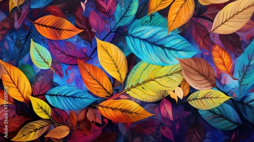 Illustrative depiction of a background filled with colorful leaves in abstract patterns
