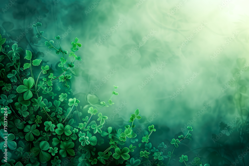 Fototapeta premium four leaf clover on green shamrock background. For St Patrick's Day or symbolizing luck, fortune, and prosperity.