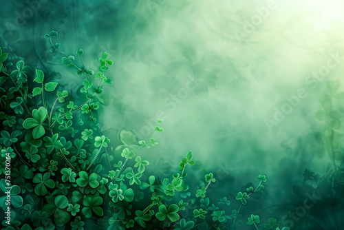 four leaf clover on green shamrock background. For St Patrick's Day or symbolizing luck, fortune, and prosperity. © waichi2013th