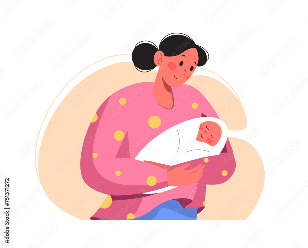 Happy new mom holding her infant in her arms. Cute woman hugs her newborn baby. Motherhood and child care vector illustration. Happy parent feeling love. Pregnancy and breastfeeding concept. Happy new mom holding her infant in her arms. Cute woman hugs her newborn baby. Motherhood and child care vector illustration. Happy parent feeling love. Pregnancy and breastfeeding concept.
