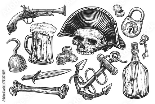 Pirate concept. Hand drawn objects engraving style. Sketch illustration