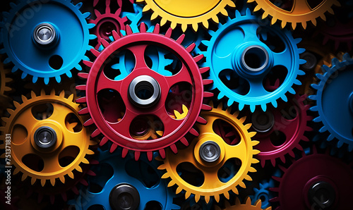 Colorful gears on a dark background, Precision in Motion: Exploring the World of Mechanics.