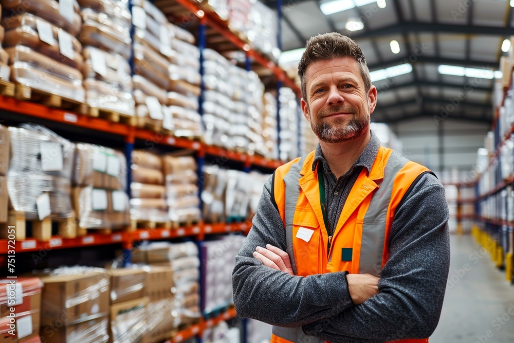 Confident warehouse manager standing in storage facility Confident warehouse manager standing in storage facility