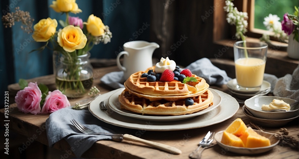 Showcase a picturesque setting of a brunch scene with a plate of ultra-realistic waffles served on a rustic wooden table, surrounded by fresh flowers and vintage utensils. -AI Generative