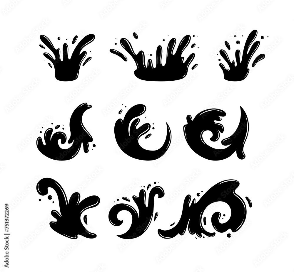 Water drops, black sea ocean waves stencil. Liquid elements, cry droplet icons vector set. Ink, sauce, river isolated splashes Water drops, black sea ocean waves stencil. Liquid elements, cry droplet icons vector set. Ink, sauce, river isolated splashes