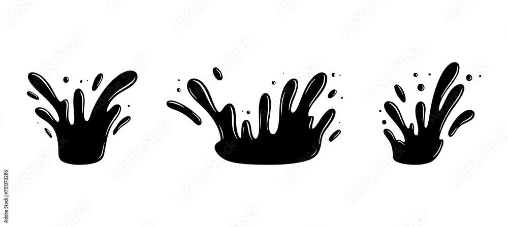 Obraz premium Water drops, black sea ocean waves stencil. Liquid elements, cry droplet icons vector set. Ink, sauce, river isolated splashes 