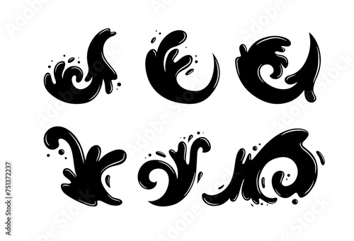 Water drops  black sea ocean waves stencil. Liquid elements  cry droplet icons vector set. Ink  sauce  river isolated splashes 