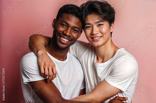 portrait of two multicultural friends, embracing each other, LGBT freedom, respect and tolerance., white shirt and pink background 