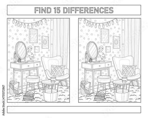 Find 15 differences. The interior of the children's room. Coloring book for adults. Black and white vector illustration.