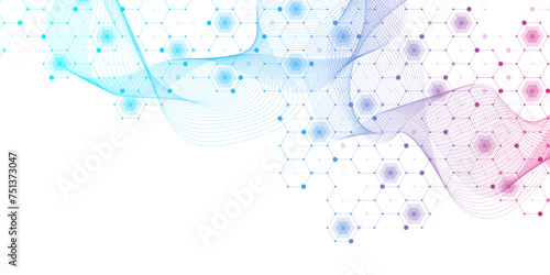 Modern health care or medical background design. Health care innovation concept. Horizontal header web banner. Abstract geometric background with hexagon shapes for medicine, science, chemistry.