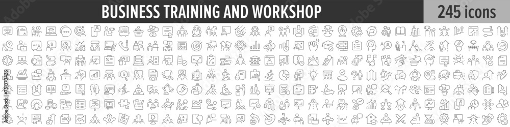Business Training and Workshop linear icon collection. Big set of 245 Business Training and Workshop icons. Thin line icons collection. Vector illustration